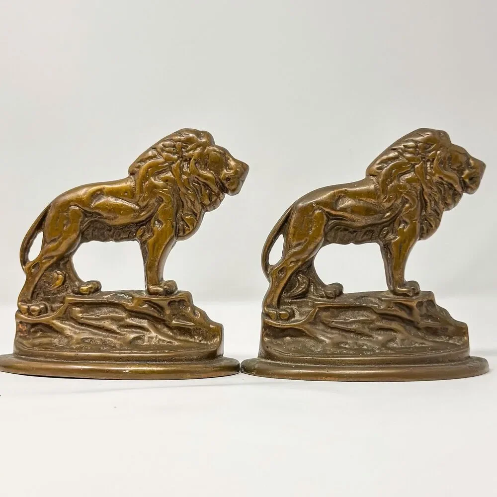 Antique Cast Iron Lion Bookends Pair Bronzed Art Deco Style Library Decor - Picture 3 of 8